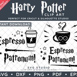 Harry Potter Clip Art Design SVG DXF PNG PDF - Espresso Patronum Typographic Coffee Quote Design & FREE Font!