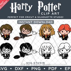 Harry Potter Clip Art Design SVG DXF PNG PDF - 4 Cartoon Chibi Illustrations Bundle - Harry Hermione Ron & FREE Font!