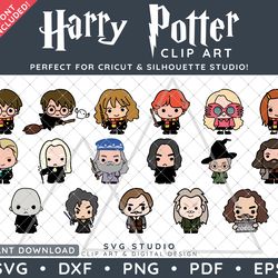Harry Potter Clip Art Design SVG DXF PNG PDF - 17 Cartoon Chibi Illustrations Bundle