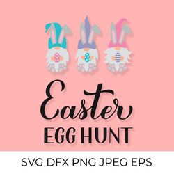 easter egg hunt calligraphy hand lettering with cute gnomes svg