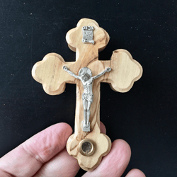 Wooden Jerusalem olive cross, with a metal crucifix | Size: 10.5 cm high ( 4" )