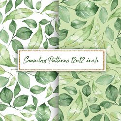 Green leaves, watercolor seamless pattern.  Digital downloads