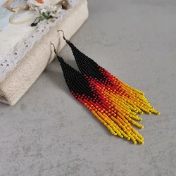 Long dangle seed bead earrings Gradient ombre fringe Chandelier handmade beadwork jewelry gift women Red Orange black