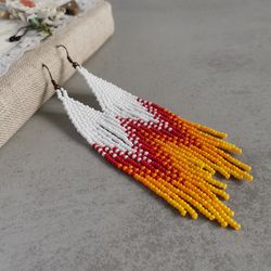 Long dangle seed bead earrings Gradient ombre fringe Chandelier handmade beadwork jewelry gift women Red Orange white