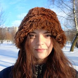 Brown panama hat made of faux fur. Festival fuzzy bucket hat. Ginger fluffy hat. Rave bucket hat. Shaggy hat, furry hat.