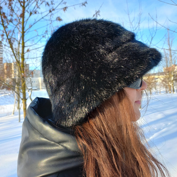 Black panama hat made of faux mink fur. Fuzzy bucket hat.