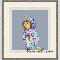 hedgehog in a unicorn costume scheme for cross-stitch