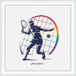 Cross stitch pattern sport Lawn Tennis player racket ball silhouette rainbow monochrome counted crossstitch patterns PDF