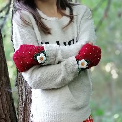 Strawberry fingerless gloves, crochet gloves, mittens