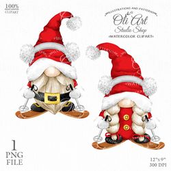 Christmas Gnome on skis Digital Clip Art. Cute Characters, Hand Drawn graphics. Digital Download. OliArtStudioShop