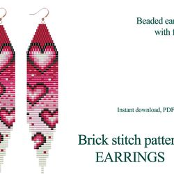 Earring pattern for beading - Brick stitch pattern for beaded fringe earrings - Instant download. Bead weaving. Heart