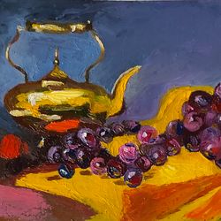 Still life with a grape and a kettle original oil painting hand painted modern impasto painting wall art 6x9 inches