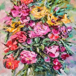 Peonies Roses Flower Bouquet Vase Oil Painting Impasto Original Artist Svinar Oksana