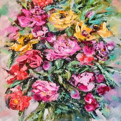 peonies roses flower bouquet vase oil painting impasto original artist svinar oksana