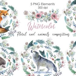 Floral Clipart Forest Animals, Holiday png, Cute holiday compositions composed of animals, birds and greenery png