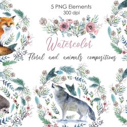 floral clipart forest animals, holiday png, cute holiday compositions composed of animals, birds and greenery png