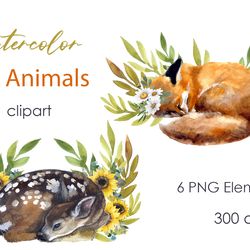 Watercolor Cute Animals Clipart Fall Png, Cute holiday compositions composed of fox, deer and greenery, holiday cards