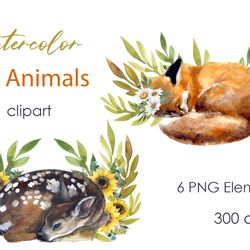 watercolor cute animals clipart fall png, cute holiday compositions composed of fox, deer and greenery, holiday cards