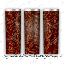 Floral tumbler designs sublimation, Tooled leather Digital wrap PNG Instant download 20oz tapered straight Makerflo