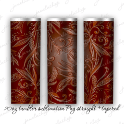 floral tumbler designs sublimation, tooled leather digital wrap png instant download 20oz tapered straight makerflo
