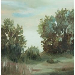 cloudy landscape painting original art trees gloomy landscape wall art neutral farm hanging painting