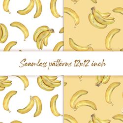Bananas. Watercolor seamless pattern.  Digital downloads