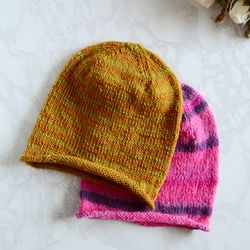 Knitted mustard colored beanie hat for women
