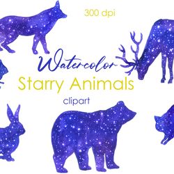 watercolor clipart, galaxy animals png, cute watercolor animals on transparent background, watercolor starry animals