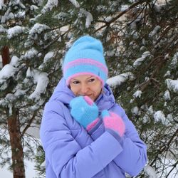 Winter hat and mittens, Angora women set, Warm beanie and arm warmers, Knit pink hat, Gift for her