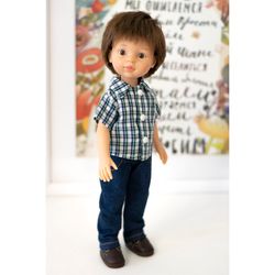Plaid shirt, jeans and boots for boy doll Paola Reina, Siblies Ruby Red, Little Darling, 12" and 13" doll clothes