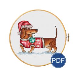 Christmas red dachshund for cross stitch pattern