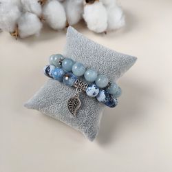 Set of blue quartz and tinted agate bracelets, natural crystal bracelet