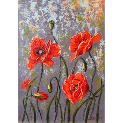 Red Poppy Painting Floral Original Art Impasto Oil Painting Flowers Wall Art by NataDuArt