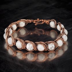 White turquoise wire wrapped copper bracelet | Unique woven copper wire bracelet