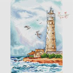 Coral lighthouse. Cross stitch pattern pdf & css