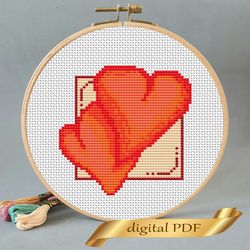 two hearts pattern pdf cross stitch, easy embroidery diy, small pattern for valentine's day