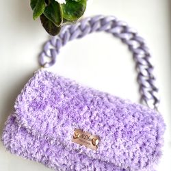 Lilac fur bag. Bag handmade. Crochet bag. Clutch fur.