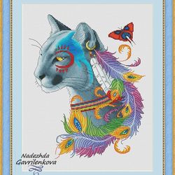 amerindian cougar. cross stitch pattern. cross stitch design. digital. pdf. saga.