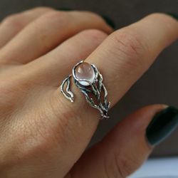 sterling silver rose quartz ring, adjustable ring