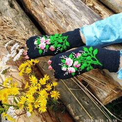 Mittens with embroidery, Hand Knitted embroidered Fingerless Gloves, flowers gloves,Clothing And Accessories