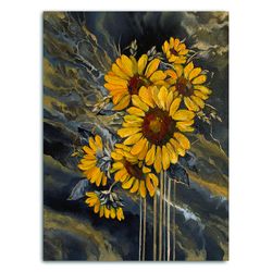 Sunflower Painting Flower Original Art Fluid Art Floral Impasto Painting Modern Oil Painting Flower Wall Art by AlyonArt