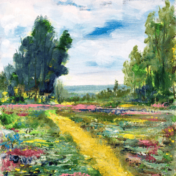 Fields Original Painting Flower Meadow Original Art Trees Landscape Artwork Clouds Oil Painting 10 by 8