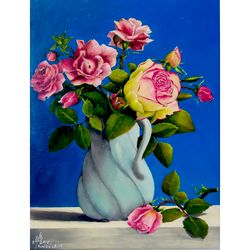 Floral painting Pink roses in a vase painting on canvas 17x13 inches Vintage painting Original oil painting Wall art