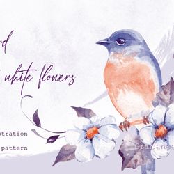 Watercolor bird clipart and floral pattern. Digital download