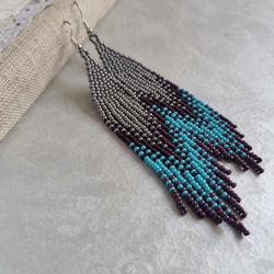 Gray blue purple Long dangle seed bead earrings Gradient ombre fringe Chandelier handmade beadwork jewelry gift women