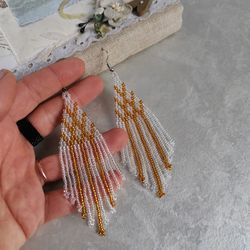 Clear white gold long dangle seed bead earrings Gradient ombre fringe Chandelier handmade beadwork jewelry gift women