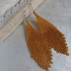 Gold long dangle seed bead earrings Sparkle fringe earrings for bride Chandelier handmade beadwork jewelry gift women