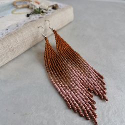 Long dangle seed bead earrings Handcrafted gradient ombre fringe Chandelier handmade beadwork jewelry gift women girl