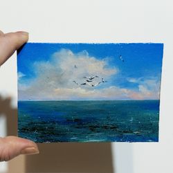 Seascape painting A small painting with a seascape and seagulls  3.5x5 inches  Seascape with seagulls