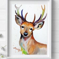Deer watercolor, animal painting, elk art, elk watercolor original painting by Anne Gorywine